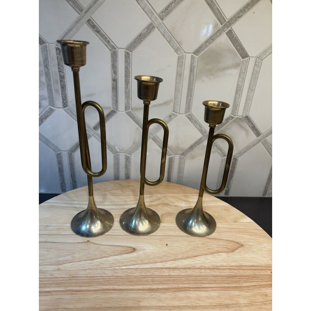 Vintage Brass Trumpet Horn Candle Holders Set of Three (3) - 9 1/4”, 8”, 7 1/8”
